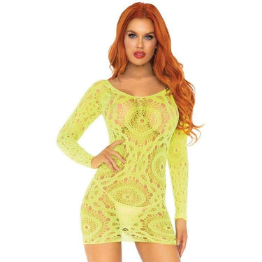 Mini abito in pizzo neon con maniche lunghe e trasparenze seducenti